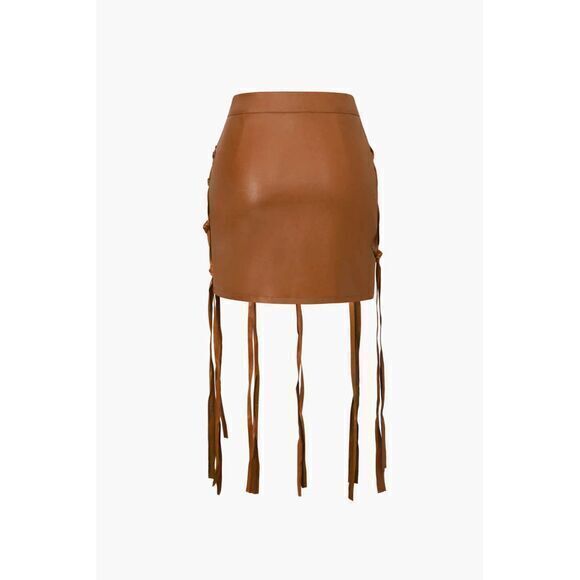 Micas Brown Faux Leather Fringe Mini Skirt Boho Festival Party Wear M - Picture 3 of 10
